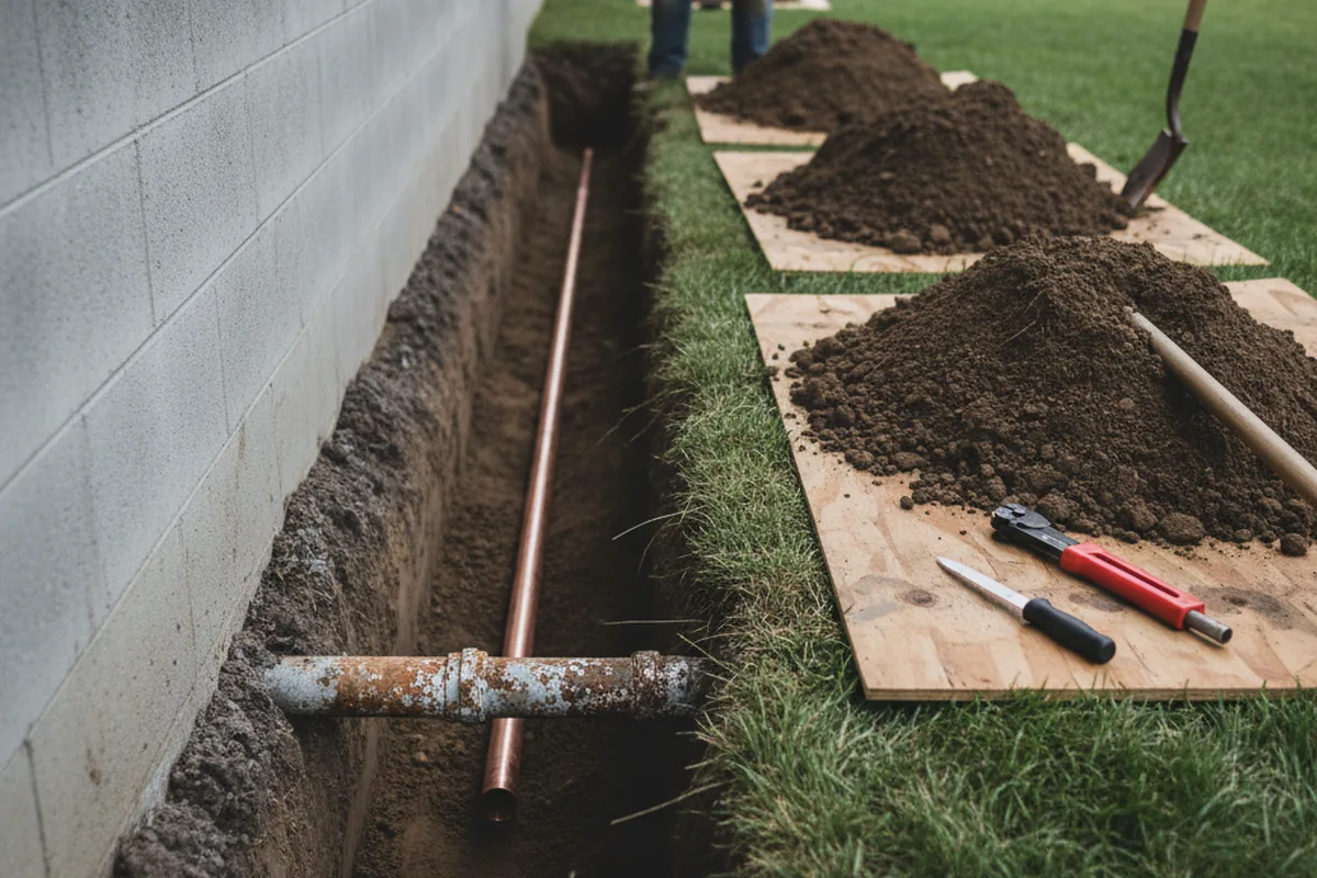 Excavated water line trench during Water Softener Installation in Emmett